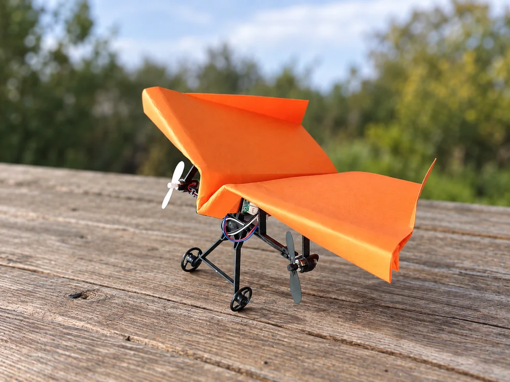 Breitflügel-Papierflieger mit montiertem RC-Antriebsmodul